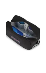 Neceser JanSport Dopp Kit negro con logo estampado en azul y rojo.