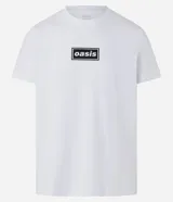 Remera blanca de algodón con cuello redondo y estampado del logo de la banda Oasis en el pecho.