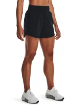Short deportivo Under Armour Flex Woven de mujer, color negro, con cintura elastizada y logo estampado en la pierna.