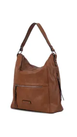 Cartera tipo hobo de cuero sintético color marrón con correa corta y correa larga ajustable. Tiene un bolsillo con cierre en el frente y otro en la parte trasera, además de bolsillos internos.