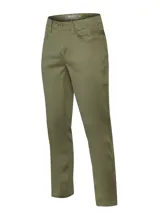 Pantalón de jean color verde oliva, corte recto, con bolsillos delanteros y traseros.