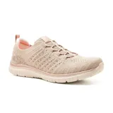 Championes deportivos Skechers Virtue color beige, tipo slip-on, con capellada de tejido knit técnico, cordones elásticos y plantilla Memory Foam.