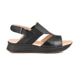 Sandalias negras de cuero sintético con plataforma y ajuste con hebilla.