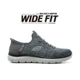 Championes deportivos Skechers Hands Free Slip-ins Summit Key Wide Fit, color gris jaspeado con detalles en negro y suela blanca. Diseño sin cordones con ajuste elástico, plantilla Air-Cooled Memory Foam y horma ancha (Wide Fit).