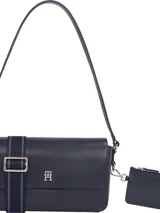 Cartera mensajera Tommy Hilfiger azul marino con monograma TH, asa superior, correa de textil trenzado ajustable y extraíble, bolsillo interior con cremallera, monedero extraíble con cremallera y detalles distintivos de la marca.
