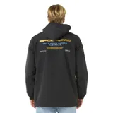 Campera negra con capucha, cierre frontal y bolsillos laterales. Logo de Rip Curl en el pecho y en la manga.