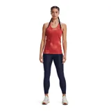 Calza de mujer Under Armour HeatGear® de tiro alto hasta el tobillo, color gris azulado, con cintura antideslizante y logo en la pierna.