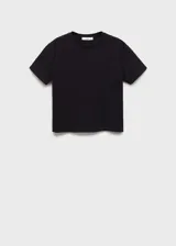 Camiseta blanca de algodón con cuello redondo, mangas cortas y diseño calado con bordado de lunares.