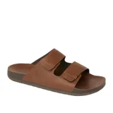 Sandalias tipo birkenstock de dos tiras ajustables, color marrón cuero desgastado, con suela marrón oscura. La marca REEF está grabada en el lateral de la base.