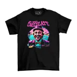 Remera negra con estampado de Willy Wonka con sombrero y texto 'Dude, I loooove Chocolate'.