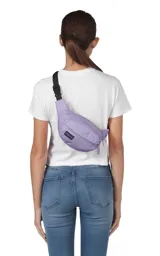 Riñonera JanSport Fifth Avenue negra con estampado de rayos blancos.