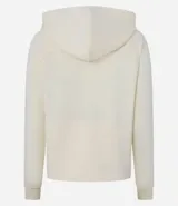 Campera deportiva gris con capucha ajustable con cordón, cierre frontal con cremallera y bolsillos laterales.