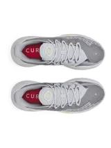 Championes de baloncesto unisex Curry 11, color gris con detalles en blanco y suela blanca. Diseñados para ofrecer rebote, agarre y estabilidad.