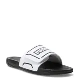 Sandalias Puma Royalcat Comfort 2, con base negra y tira ancha blanca con el logo de la marca en negro.