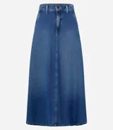 Pollera midi evasê de jeans con trabillas en la cintura, cierre con botón y cremallera, bolsillos traseros y recorte vertical.