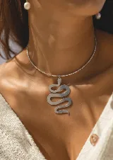 Gargantilla rígida plateada con dije de serpiente calada.