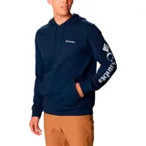 Buzo Columbia Beaumont Hoodie azul marino para hombre, con capucha ajustable con cordón, bolsillo tipo canguro y logo de la marca estampado en blanco en el pecho y en la manga.