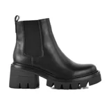 Bota negra de cuero con tacón alto y suela de plataforma, diseño elegante y cómodo.