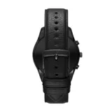 Reloj Emporio Armani modelo AR11583 para hombre, con caja de acero inoxidable negra de 41mm, esfera negra con subesferas de cronógrafo y ventana de fecha, manecillas e índices plateados, correa de cuero negra y resistencia al agua de 50 metros.