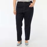 Pantalón de jean de tiro alto, color azul oscuro, corte recto y holgado.