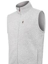 Chaleco gris jaspeado con cierre frontal, confeccionado en poliéster reciclado con interior de micropolar. Cuenta con dos bolsillos exteriores a la altura de la cintura, un bolsillo en el pecho con cierre y dos bolsillos interiores.