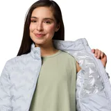 Campera Columbia Delta Ridge II para mujer, color gris claro con patrón geométrico en relieve. Cuenta con tecnología Omni-Heat reflectante, HeatSeal, Omni-Shield y plumón certificado por RDS.