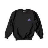 Buzo negro de algodón con cuello redondo y puños acanalados. Estampado pequeño en el pecho con un triángulo que contiene una luna creciente y letras.