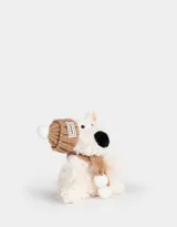 Llavero de peluche con forma de perro blanco con gorro y bufanda tejidos color marrón.