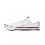 Championes Converse Chuck Taylor All Star de lona color blanco con detalles en rojo y azul.