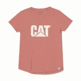 Remera de algodón azul marino con cuello redondo y logo de CAT estampado en el pecho en color lila y naranja.