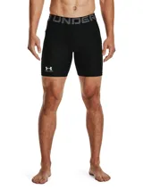 Short deportivo Under Armour HeatGear Armour para hombre, color negro con logo de la marca en la pierna izquierda y cintura elástica con la inscripción "UNDER ARMOUR".