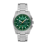 Reloj Armani Exchange con caja de acero plateado, esfera verde con detalles en naranja y correa de eslabones plateada.