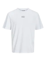 Camiseta blanca de manga corta y cuello redondo, con logo de la marca estampado en el pecho.