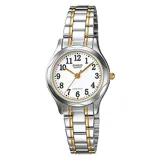 Reloj analógico Casio para mujer, modelo LTP1275SG-7BDF. Caja plateada de acero inoxidable y esfera blanca con números arábigos. Correa combinada plateada y dorada de acero inoxidable. Resistente al agua hasta 30 metros.