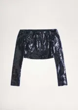 Blusa corta de fiesta con lentejuelas azul marino, hombros descubiertos y mangas largas acampanadas.