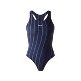 Traje de baño enterizo azul marino con rayas verticales blancas y rojas, logo de Fila en el pecho y espalda deportiva con tirantes cruzados.