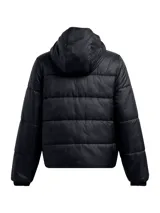 Campera puffer gris con capucha, cierre frontal y logo de Under Armour en el pecho.