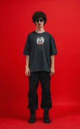 Remera negra de algodón con cuello redondo y calce oversize. Estampado frontal con diseño de calavera con sombrero de copa y personajes de Disney.
