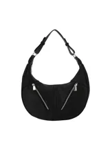 Cartera tipo shoulder bag negra de cuero sintético, con forma de media luna. Presenta dos cierres diagonales en la parte frontal y un cierre principal. La correa es ajustable con hebillas metálicas.