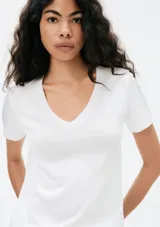 Remera gris de corte clásico, con cuello en V y mangas cortas.