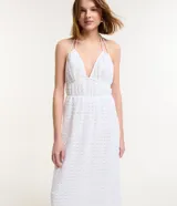 Vestido midi blanco de encaje con escote en V, espalda abierta y lazos traseros.