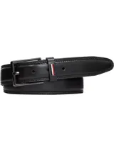 Cinturón de cuero negro brillante con hebilla metálica plateada grabada con el logo de Tommy Hilfiger y detalle de la bandera de la marca en la trabilla.
