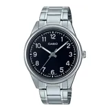 Reloj Casio modelo MTPV005D-1B4UDF, con caja y correa de acero plateado, esfera negra con números arábigos y agujas plateadas.