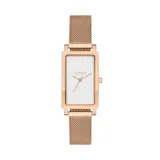 Reloj Skagen de mujer con caja rectangular de acero inoxidable color oro rosa y malla metálica tipo mesh del mismo color. La esfera es blanca con agujas doradas.