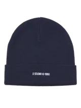 Gorro de lana azul marino con dobladillo y bordado frontal con la inscripción "JJ STUDIO © 1990".