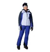 Campera Columbia Snowy Summit para mujer, en tonos gris y blanco. Impermeable y transpirable, con costuras selladas, forro termorreflectante Omni-Heat, capucha ajustable compatible con casco, faldón antinieve, múltiples bolsillos y puños con orificios para los pulgares.