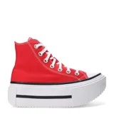 Championes Converse CTAS Lift Double Stack HI, unisex, color rojo, de caña alta y plataforma doble blanca con línea negra. Confeccionados en lona resistente, con puntera de goma y cordones blancos.