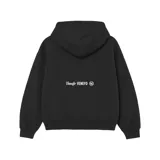 Buzo hoodie negro de felpa con capucha y bolsillo tipo canguro. Presenta múltiples logos de la marca estampados en el frente.