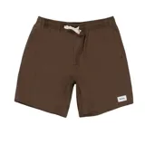 Short de lino color marrón con bolsillos laterales y logo de la marca en la pierna derecha.