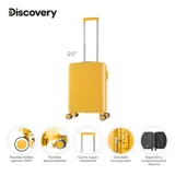 Valija rígida de 20 pulgadas color amarillo, con manija telescópica y cuatro ruedas dobles.